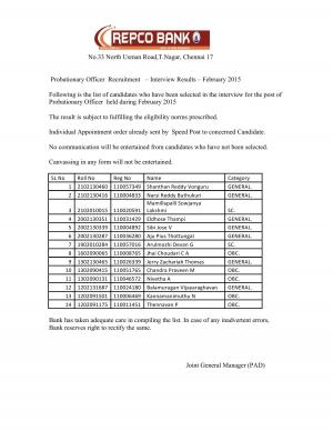 Repco Bank, Chennai Announced Interview Result for Probationary Officer (PO) 2015