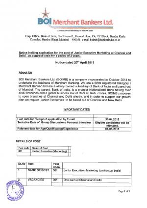 Bank of India Notified Recruitment Junior Executive Marketing Posts 2015