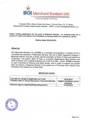 Bank of India Notified Recruitment Regional Director and Senior Vice President Posts 2015