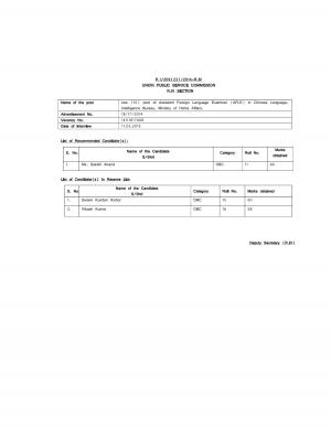UPSC Declared Interview Result for Assistant Foreign Language Examiner Officer Post 2015