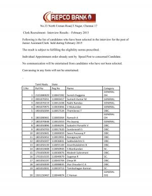 Repco Bank Declared Interview Result for Junior Assistant Clerk Post 2015
