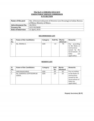 UPSC Declared Interview Result for Director (Indian Bureau of Mines) Post 2015