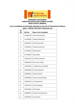 Syndicate Bank Declared Final Result for Probationary Officers Post 2015