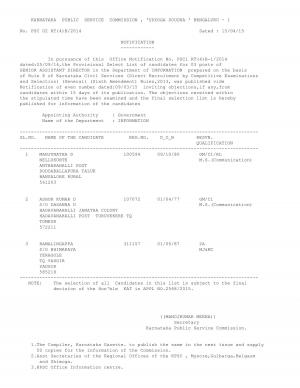 KPSC Issued Provisional List for Senior Assistant Director Post 2015