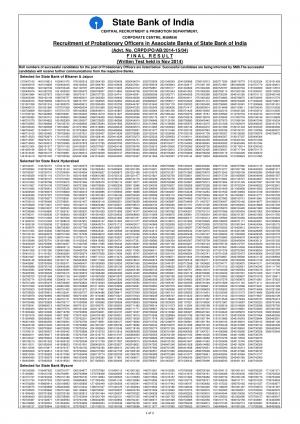 SBI PO Associate Bank Exam 2014 Final Result