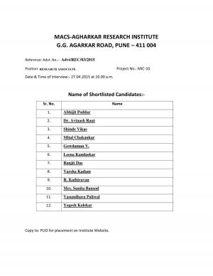 MACS –ARI, Pune Announced Interview Schedule for Research Associate Post 2015