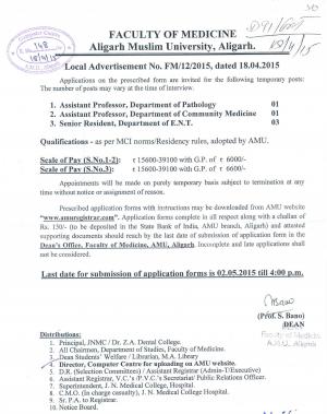 AMU Notified Recruitment for 05 Assistant Professors & Sr. Resident Posts 2015