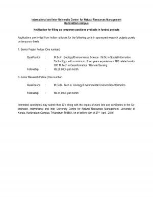 Kerala University Notified Recruitment for SRF & JRF Posts 2015