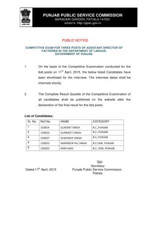 PPSC Final Result of Competitive Examination for Assistant Director of Factories 2015