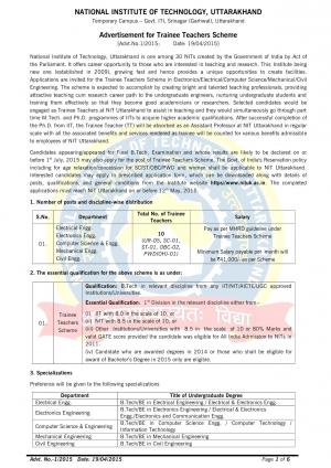 National Institute of Technology Notified Recruitment for 10 Trainee Teachers Posts 2015