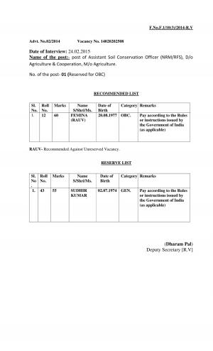 UPSC Announced final Result for Assistant Soil Conservation Officer (NRM/ RFS) 2015
