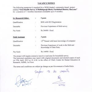 Oral Health Survey of Ballabgargh Block Faridabad Notified Recruitment for 06 Various Posts 2015