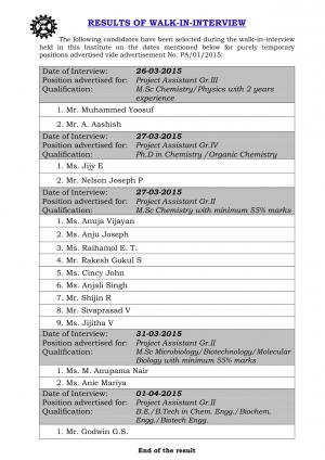 CSIR NIIST Declared Interview Result for Project Assistant Grade II III and IV Posts 2015