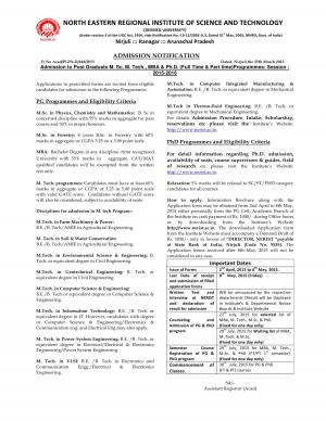 NERIST Notified Admission for Post Graduate M. Sc, M. Tech, MBA and Ph.D Courses 2015-16