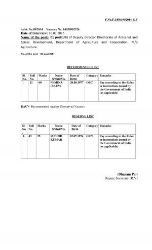UPSC Declared Final Result for Deputy Director Directorate Post 2015