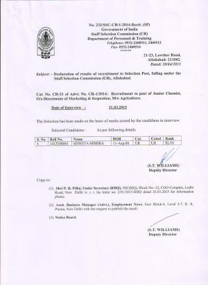 SSCCR Declared Interview Result for Junior Chemist Post 2015