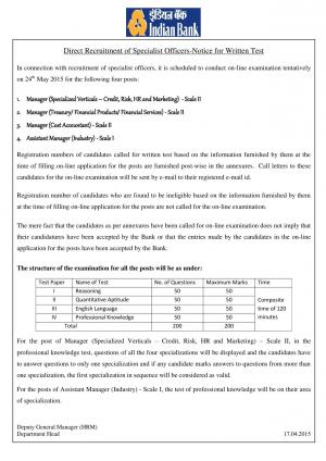 Indian Bank Declared Written Test Schedule for 04 Specialist Officer Posts 2015