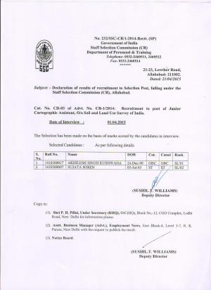 SSCCR Declared Interview Result for Junior Cartographic Assistant Post 2015