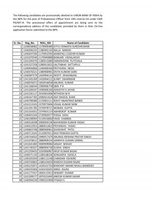 Union Bank of India Issued Provisional Allotment List for Probationary Officer & Clerk Posts 3 (2)