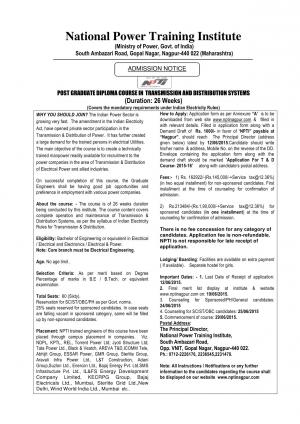 NPTI Notified Admission for PGDC in Transmission and Distribution Systems 2015