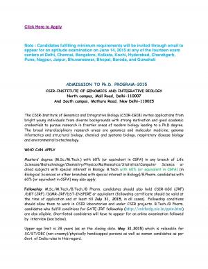 CSIR-IGIB Notified Admissions to PhD Programme 2015