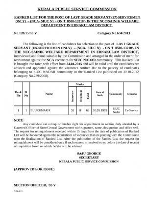 Kerela PSC Declared Interview Result for Ernakulam district Grade Servant Post 2015