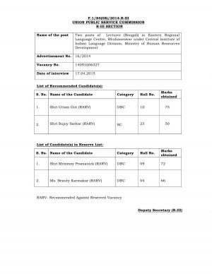 UPSC Declared Final Result for Lecturer Posts 2015