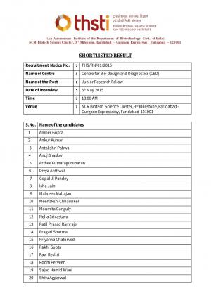 THSTI Issued Interview List for JRF Post 2015