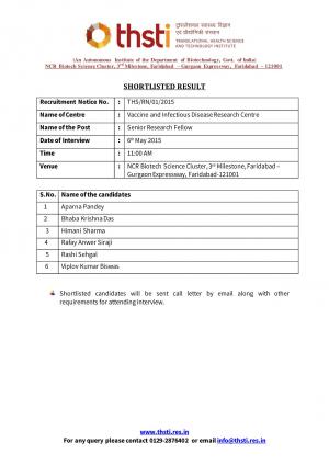 THSTI Issued Interview List for SRF Post 2015