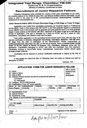 Integrated Test Range, Chandipur Notified Recruitment for 03 JRF Posts 2015