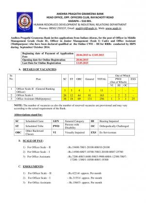 Andhra Pragathi Grameen Bank Notified Recruitment for 420 Officers and Office Asst Posts 2015