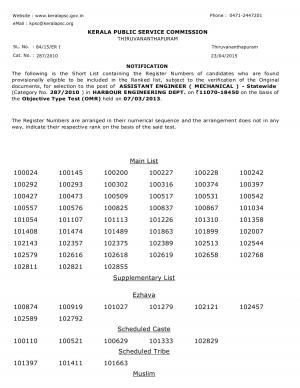 KPSC Thiruvananthapuram Issued Document Verification List for Asst. Engineer Post 2013-15