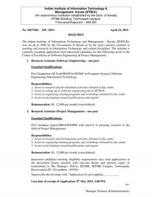 IIITM Kerala Requires 24 April 2015
