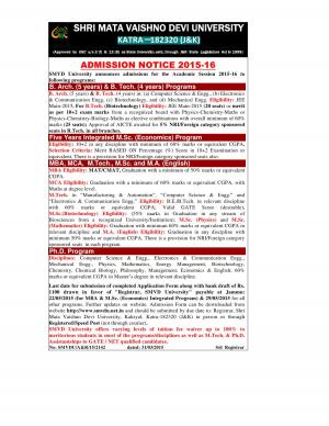 SMVD University Notified Admission in Various Programmes 2015-16