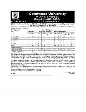 Gondwana University Notified Recruitment for 35 Teaching Posts 2015