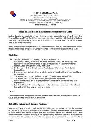 Andhra Bank Notified Recruitment for 05 Independent External Monitors Post 2015