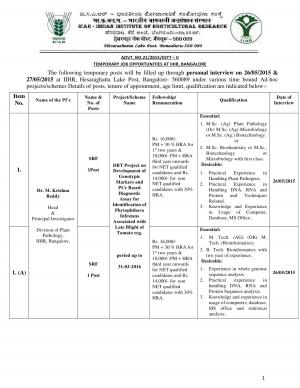 ICAR-IIHR Notified Recruitment for 14 SRF, Research Associate & Project Asst. Posts 2015 