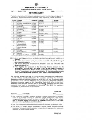 Berhampur University Notified Recruitment for 39 Professors, Reader & Lecturer Posts 2015