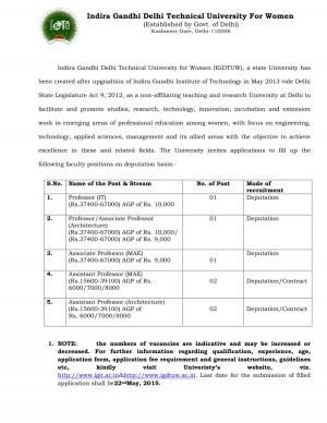 IGDTUW Notified Recruitment for 07 Teaching Posts 2015