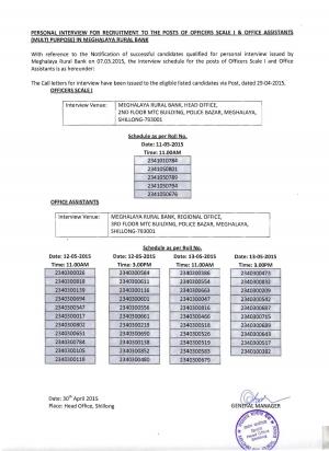 Meghalaya Rural Bank Issued Interview Schedule for Officer and Office Asst. Posts 2015