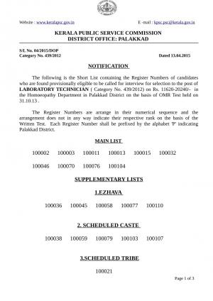 KPSC Declared Interview List for Laboratory Technician Post 2013