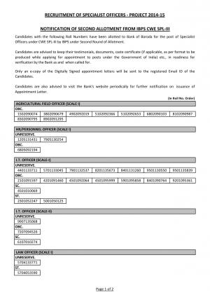 BOB Second Allotment of Specialist Officer