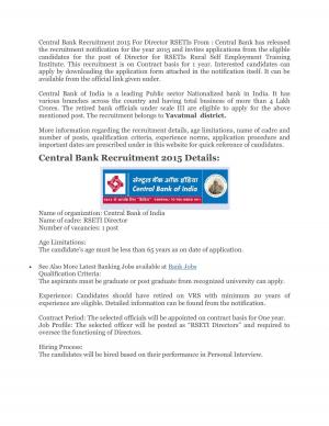 Central Bank of India Notified Recruitment for Director Post 2015