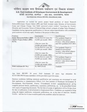 GBPIHED Notified Recruitment for 03 JRF/JPF and Field Assistant Posts 2015