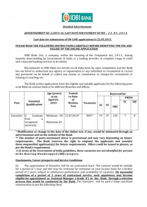 IDBI Bank Notified Recruitment to 500 Executive Posts 2015