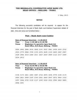 Meghalaya Coop. Apex Bank Ltd Issued Interview Schedule for Bank Asst. & Supervisor Post 2015