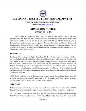 National Institute Of Homoeopathy Notified Admission in BHMS Degree Course 2015-16