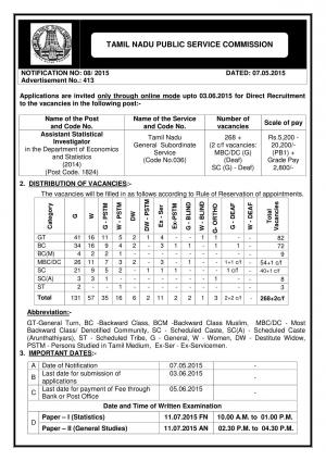 TNPSC Notified Recruitment to 270 Assistant Statistical Investigator Posts 2015