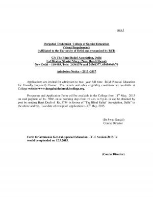 Durgabai Deshmukh College of Special Education Notified Admission in B.Ed Course 2015-17