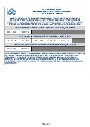 Interview Results Indian Overseas Bank Specialist Officers CWE III